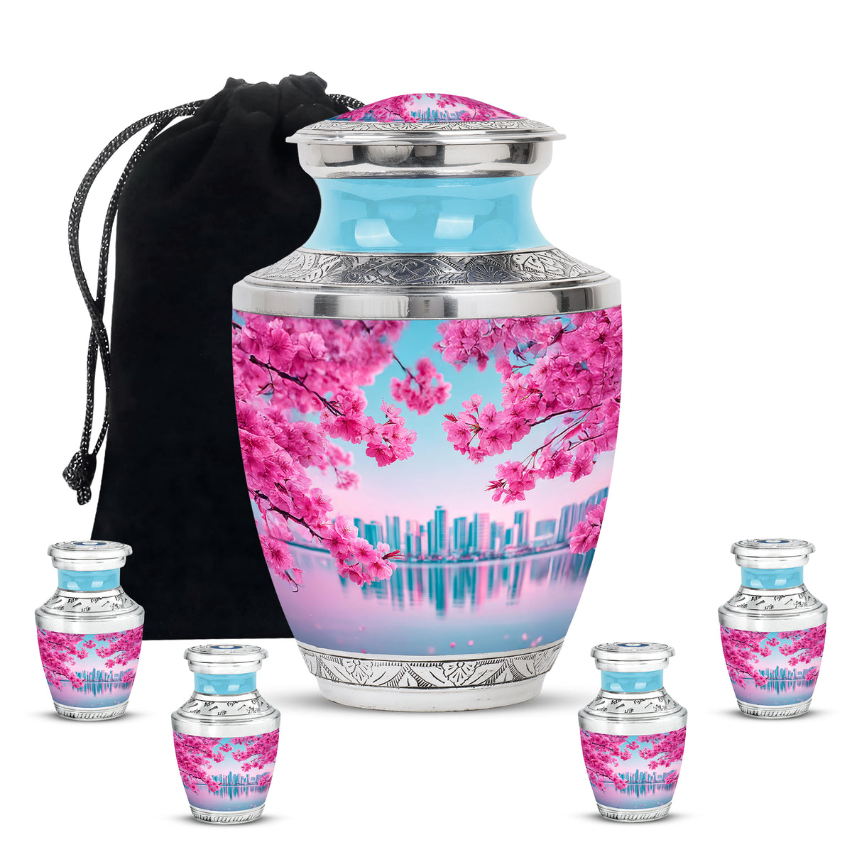 Ocean Teal Cherry Blossom Cremation Urn lifestyle display on memorial shelf - modern art-inspired cherry blossom motif on sleek aluminum - memorial set with one large and four small urns