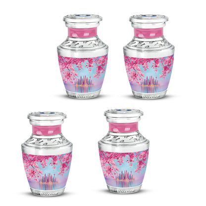 Serene Blue Cherry Blossom Cremation Urn back view with polished surface - stylized abstract cherry blossom pattern with bold lines - 10 inch aluminum urn for cremated remains
