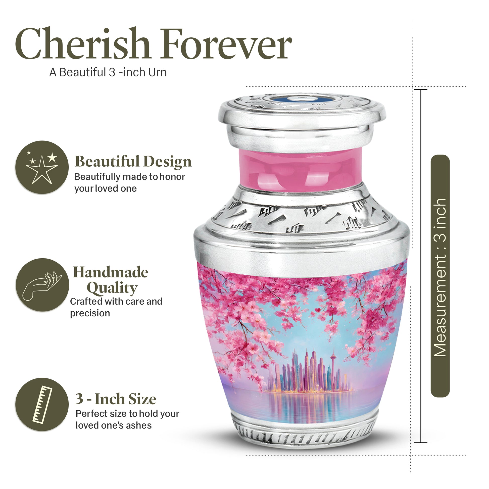 Soft Blue Cherry Blossom Cremation Urn top-down view of secure threaded lid - stylized abstract cherry blossom pattern with bold lines - mini keepsake memorial for portion of cremation ashes
