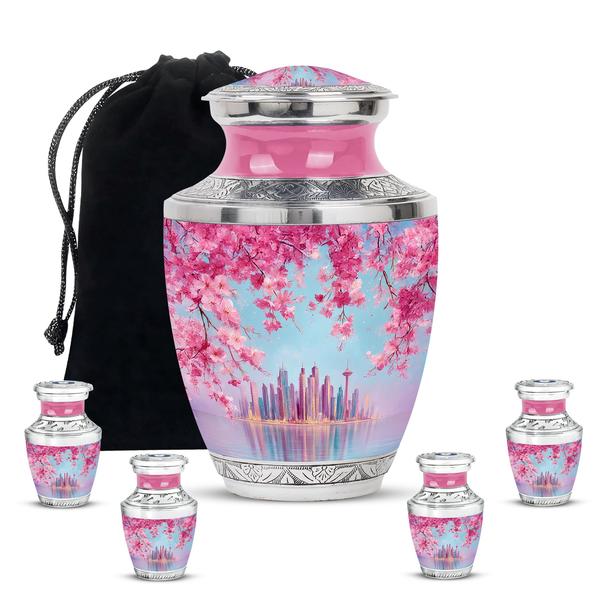 Celestial Blue Cherry Blossom Cremation Urn lifestyle display on memorial shelf - contemporary cherry blossom design with modern artistic flair - memorial set with one large and four small urns