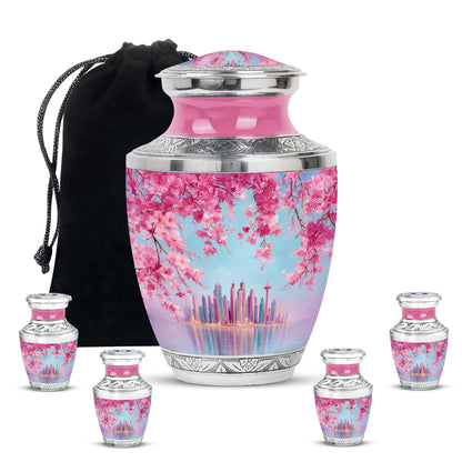 Celestial Blue Cherry Blossom Cremation Urn lifestyle display on memorial shelf - contemporary cherry blossom design with modern artistic flair - memorial set with one large and four small urns