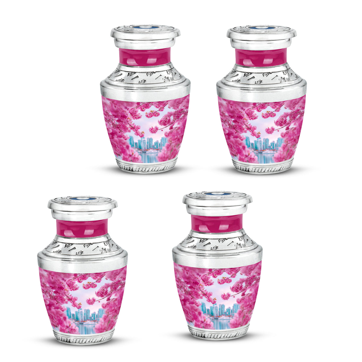 Peony Pink Cherry Blossom Cremation Urn back view with polished surface - modern art-inspired cherry blossom motif on sleek aluminum - 10 inch aluminum urn for cremated remains