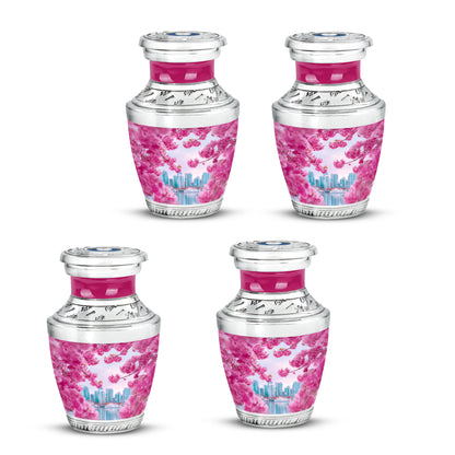 Peony Pink Cherry Blossom Cremation Urn back view with polished surface - modern art-inspired cherry blossom motif on sleek aluminum - 10 inch aluminum urn for cremated remains
