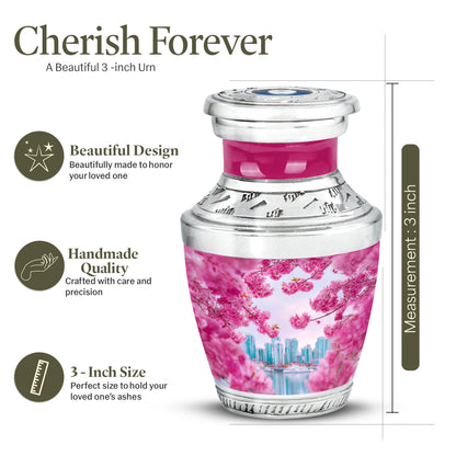 Pastel Pink Cherry Blossom Cremation Urn top-down view of secure threaded lid - contemporary cherry blossom design with modern artistic flair - mini keepsake memorial for portion of cremation ashes