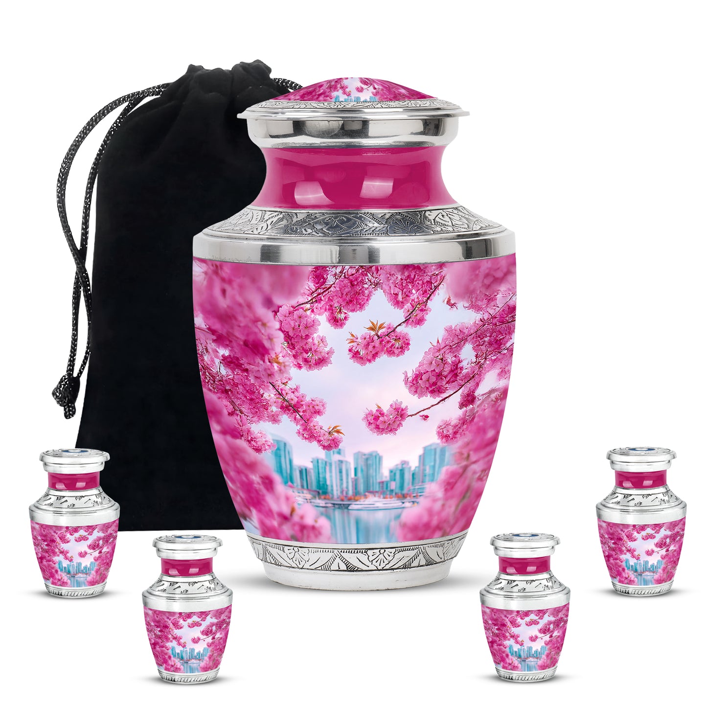 Dusty Pink Cherry Blossom Cremation Urn lifestyle display on memorial shelf - artistic cherry blossom interpretation with creative detail - memorial set with one large and four small urns