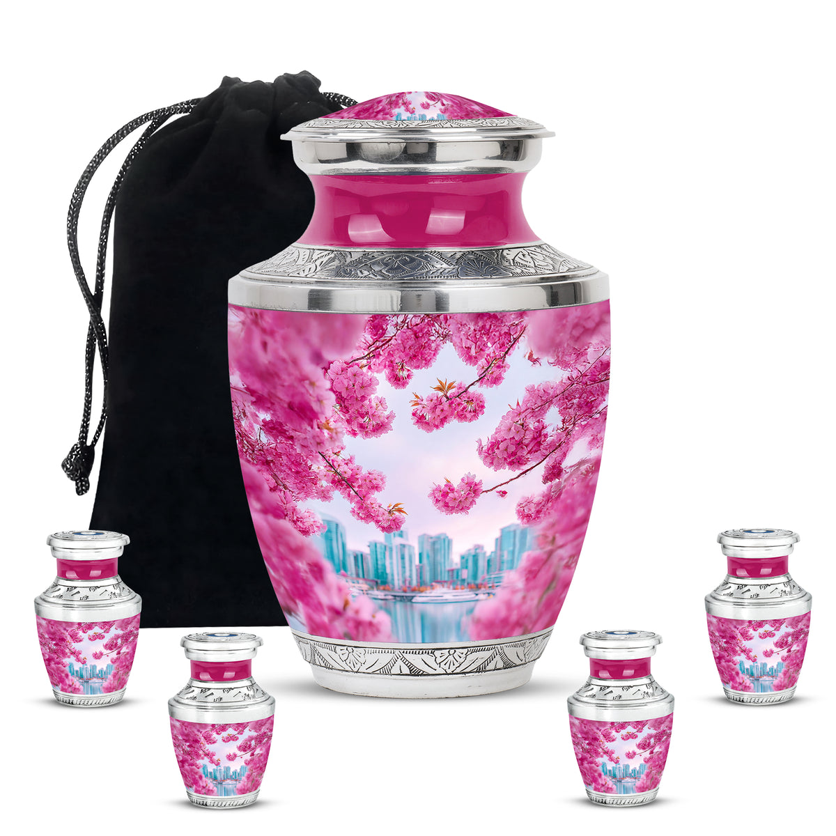 Dusty Pink Cherry Blossom Cremation Urn lifestyle display on memorial shelf - artistic cherry blossom interpretation with creative detail - memorial set with one large and four small urns