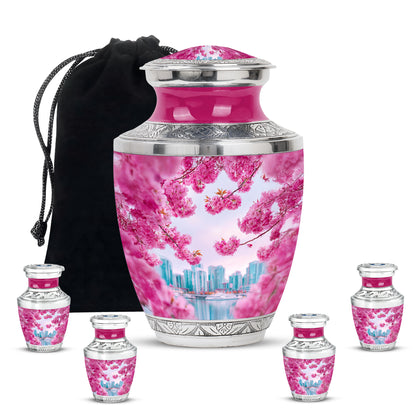 Dusty Pink Cherry Blossom Cremation Urn lifestyle display on memorial shelf - artistic cherry blossom interpretation with creative detail - memorial set with one large and four small urns