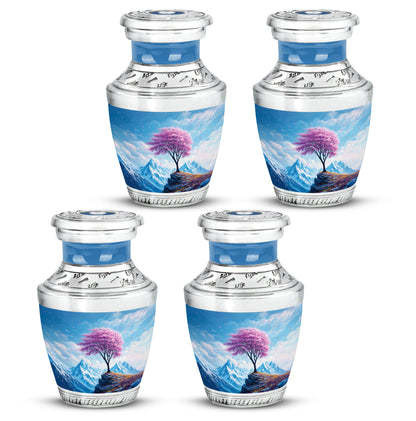 Pastel Blue Cherry Blossom Cremation Urn back view with polished surface - modern art-inspired cherry blossom motif on sleek aluminum - 10 inch aluminum urn for cremated remains