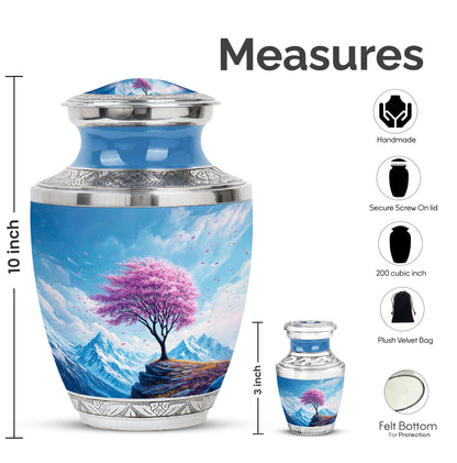 Bright Blue Cherry Blossom Cremation Urn top-down view of secure threaded lid - stylized abstract cherry blossom pattern with bold lines - mini keepsake memorial for portion of cremation ashes
