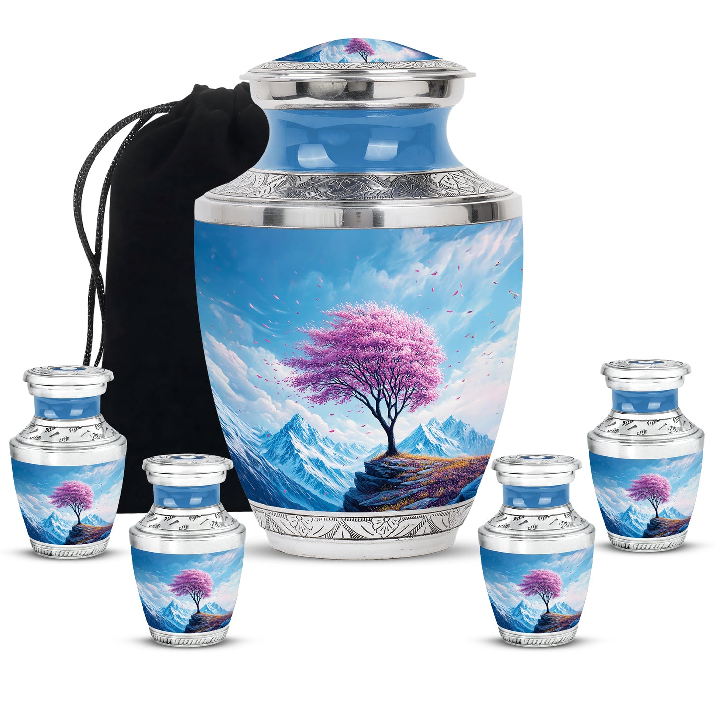 Calming Blue Cherry Blossom Cremation Urn lifestyle display on memorial shelf - stylized abstract cherry blossom pattern with bold lines - memorial set with one large and four small urns