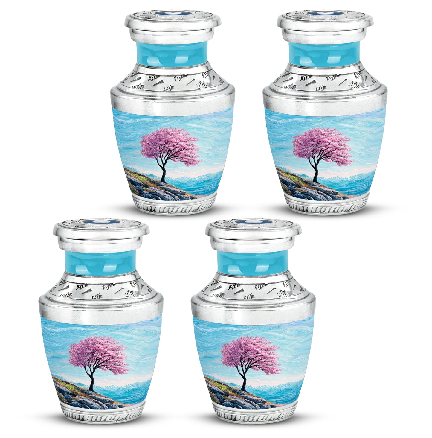 Tropical Teal Cherry Blossom Cremation Urn back view with polished surface - artistic cherry blossom interpretation with creative detail - 10 inch aluminum urn for cremated remains