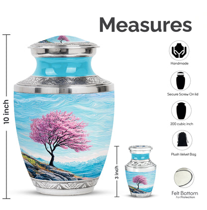 Deep Teal Cherry Blossom Cremation Urn top-down view of secure threaded lid - artistic cherry blossom interpretation with creative detail - mini keepsake memorial for portion of cremation ashes
