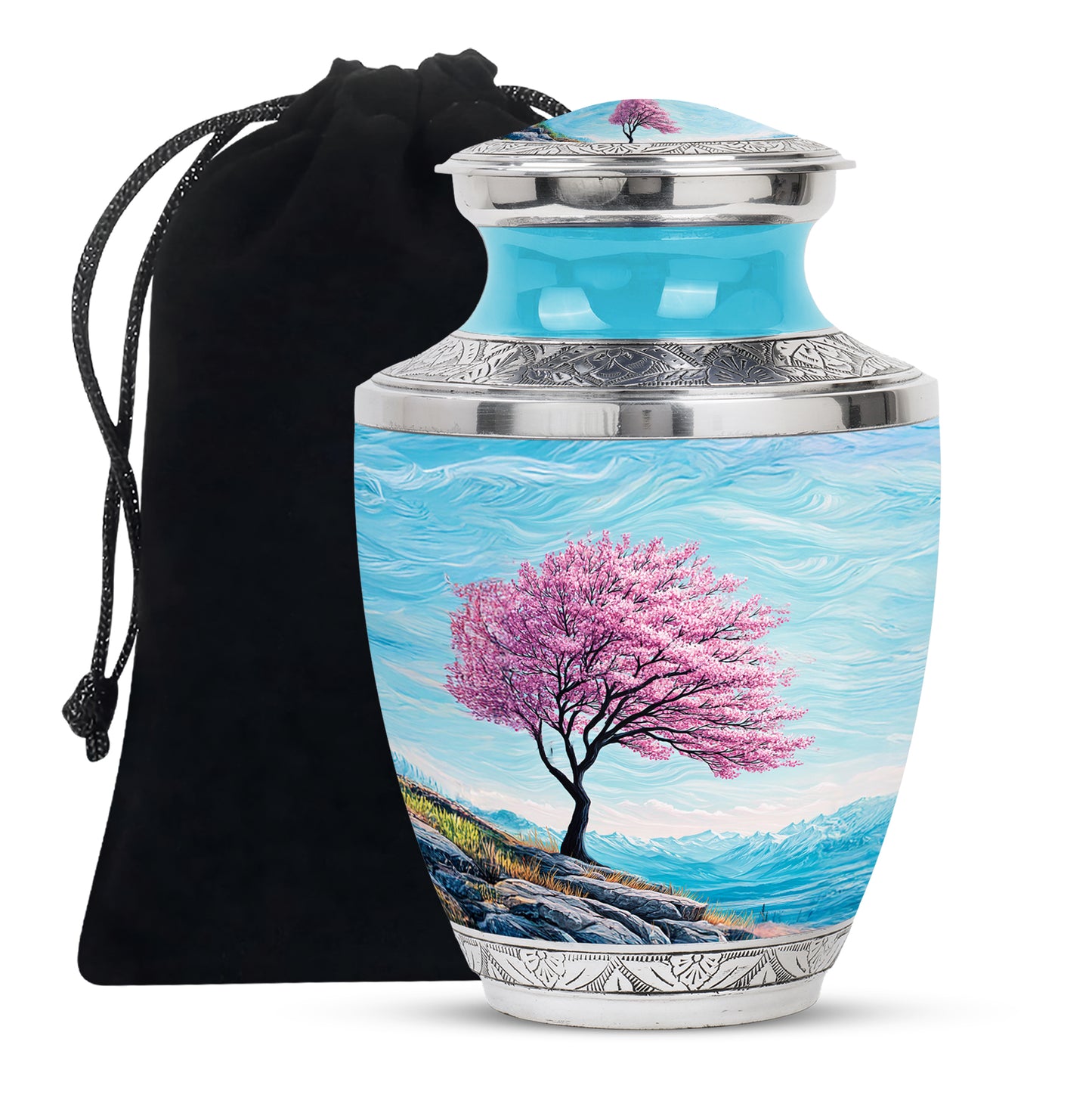 Tropical Teal Cherry Blossom Cremation Urn side profile showing urn shape - artistic cherry blossom interpretation with creative detail - full-size 10 inch 200 cubic inch adult cremation urn