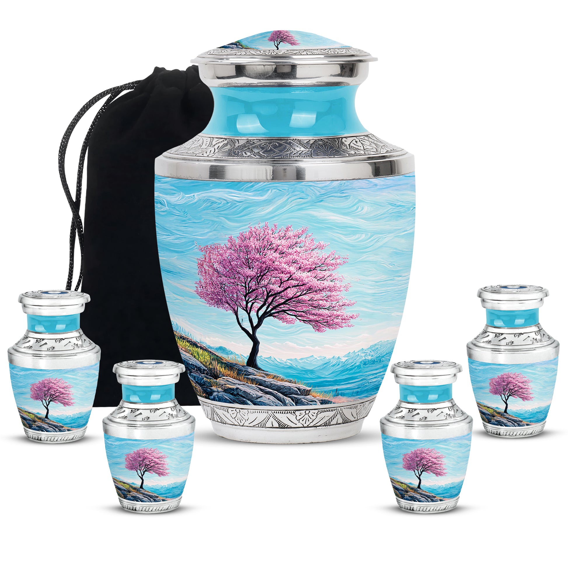 Ocean Teal Cherry Blossom Cremation Urn lifestyle display on memorial shelf - modern art-inspired cherry blossom motif on sleek aluminum - memorial set with one large and four small urns