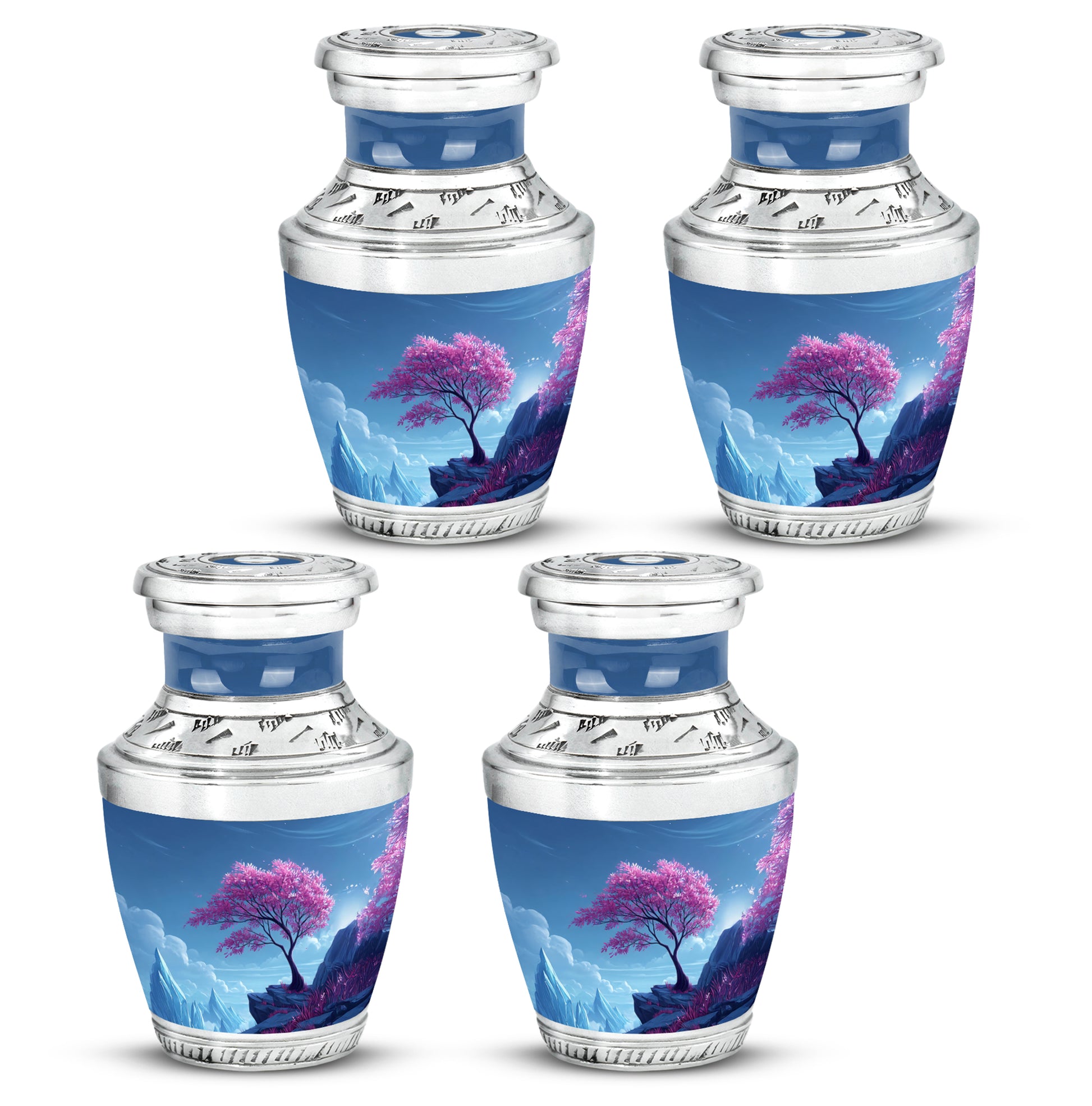 Azure Cherry Blossom Cremation Urn back view with polished surface - modern art-inspired cherry blossom motif on sleek aluminum - 10 inch aluminum urn for cremated remains