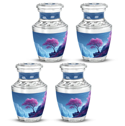 Azure Cherry Blossom Cremation Urn back view with polished surface - modern art-inspired cherry blossom motif on sleek aluminum - 10 inch aluminum urn for cremated remains