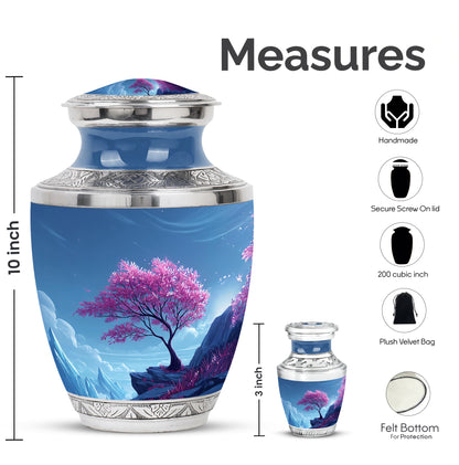 Slate Blue Cherry Blossom Cremation Urn top-down view of secure threaded lid - contemporary cherry blossom design with modern artistic flair - mini keepsake memorial for portion of cremation ashes