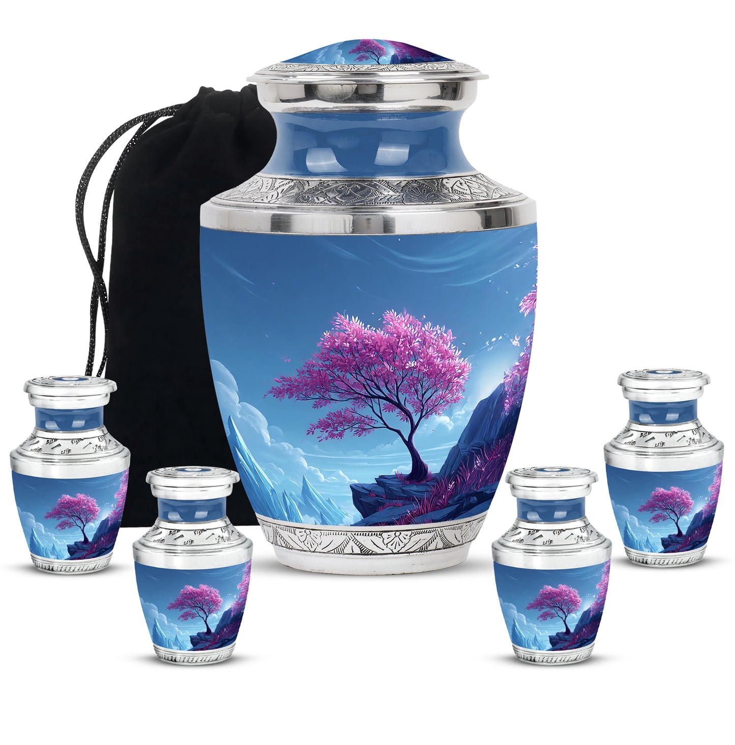 Steel Blue Cherry Blossom Cremation Urn lifestyle display on memorial shelf - artistic cherry blossom interpretation with creative detail - memorial set with one large and four small urns
