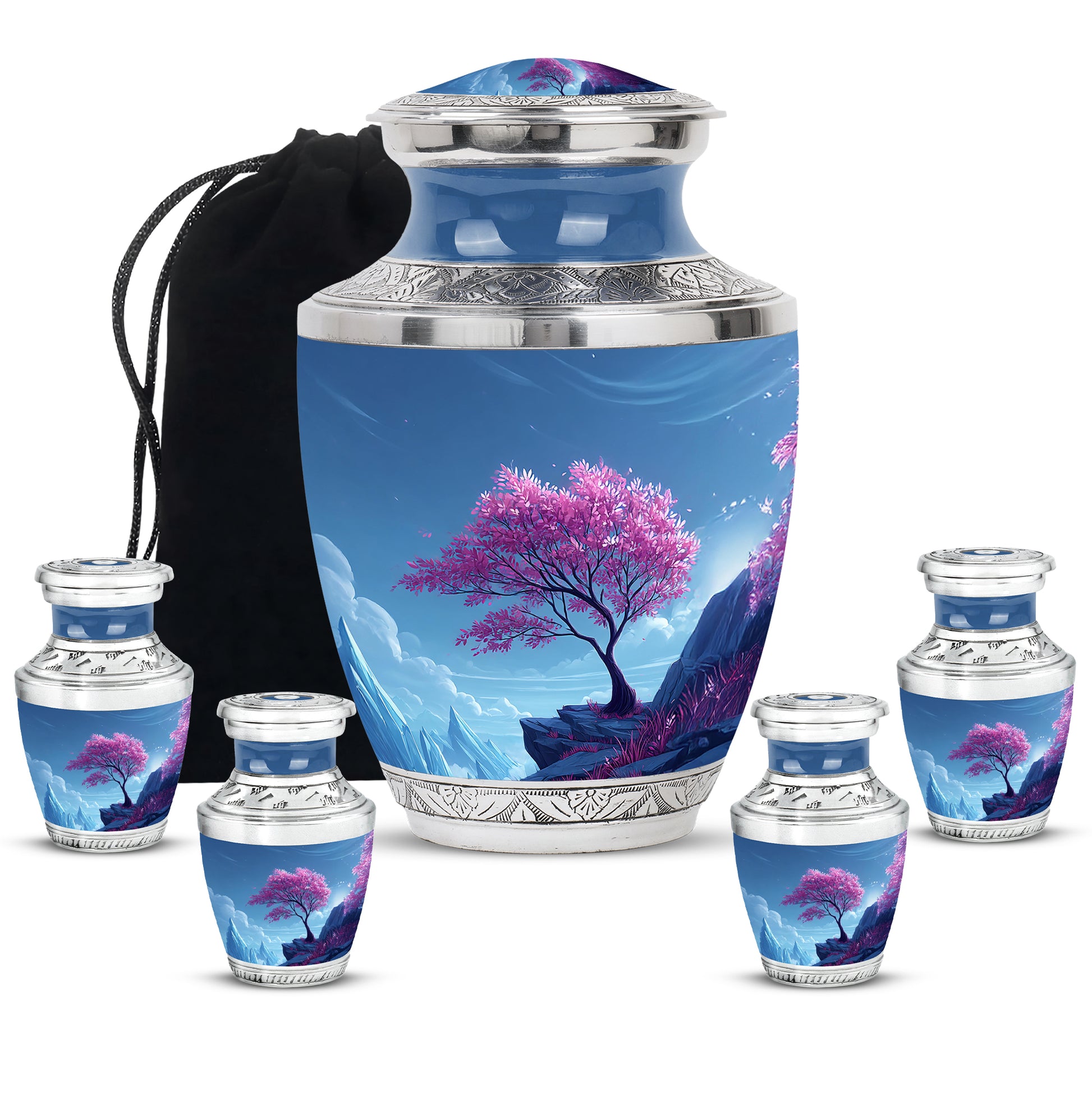 Steel Blue Cherry Blossom Cremation Urn lifestyle display on memorial shelf - artistic cherry blossom interpretation with creative detail - memorial set with one large and four small urns