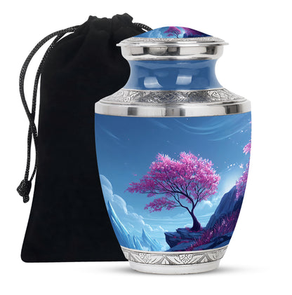 Powder Blue Cherry Blossom Cremation Urn side profile showing urn shape - contemporary cherry blossom design with modern artistic flair - full-size 10 inch 200 cubic inch adult cremation urn