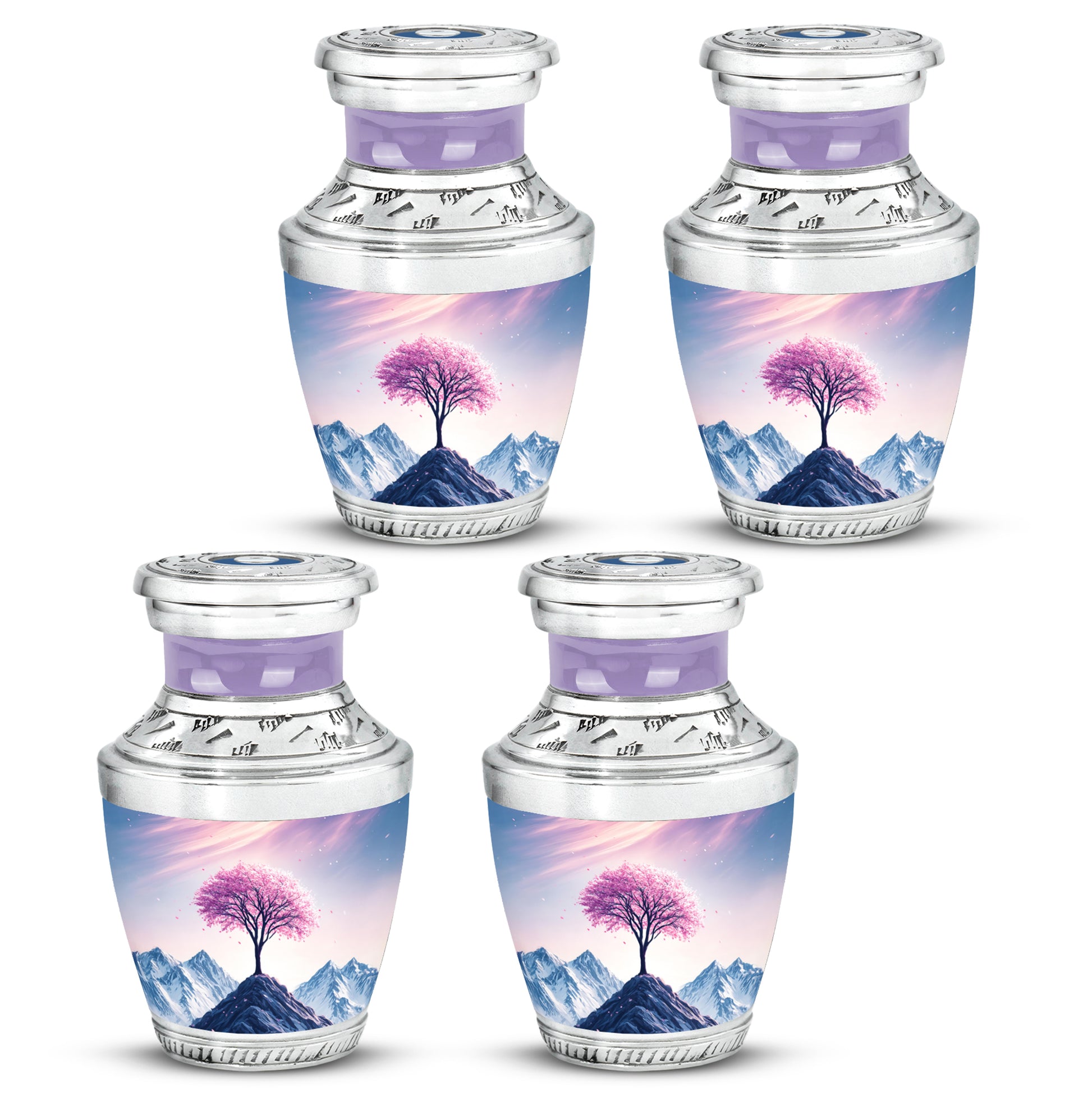 Coral Pink Cherry Blossom Cremation Urn back view with polished surface - modern art-inspired cherry blossom motif on sleek aluminum - 10 inch aluminum urn for cremated remains