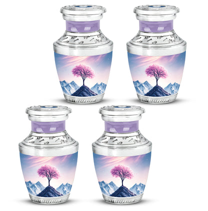 Coral Pink Cherry Blossom Cremation Urn back view with polished surface - modern art-inspired cherry blossom motif on sleek aluminum - 10 inch aluminum urn for cremated remains