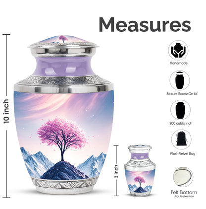 Peony Pink Cherry Blossom Cremation Urn top-down view of secure threaded lid - modern art-inspired cherry blossom motif on sleek aluminum - mini keepsake memorial for portion of cremation ashes