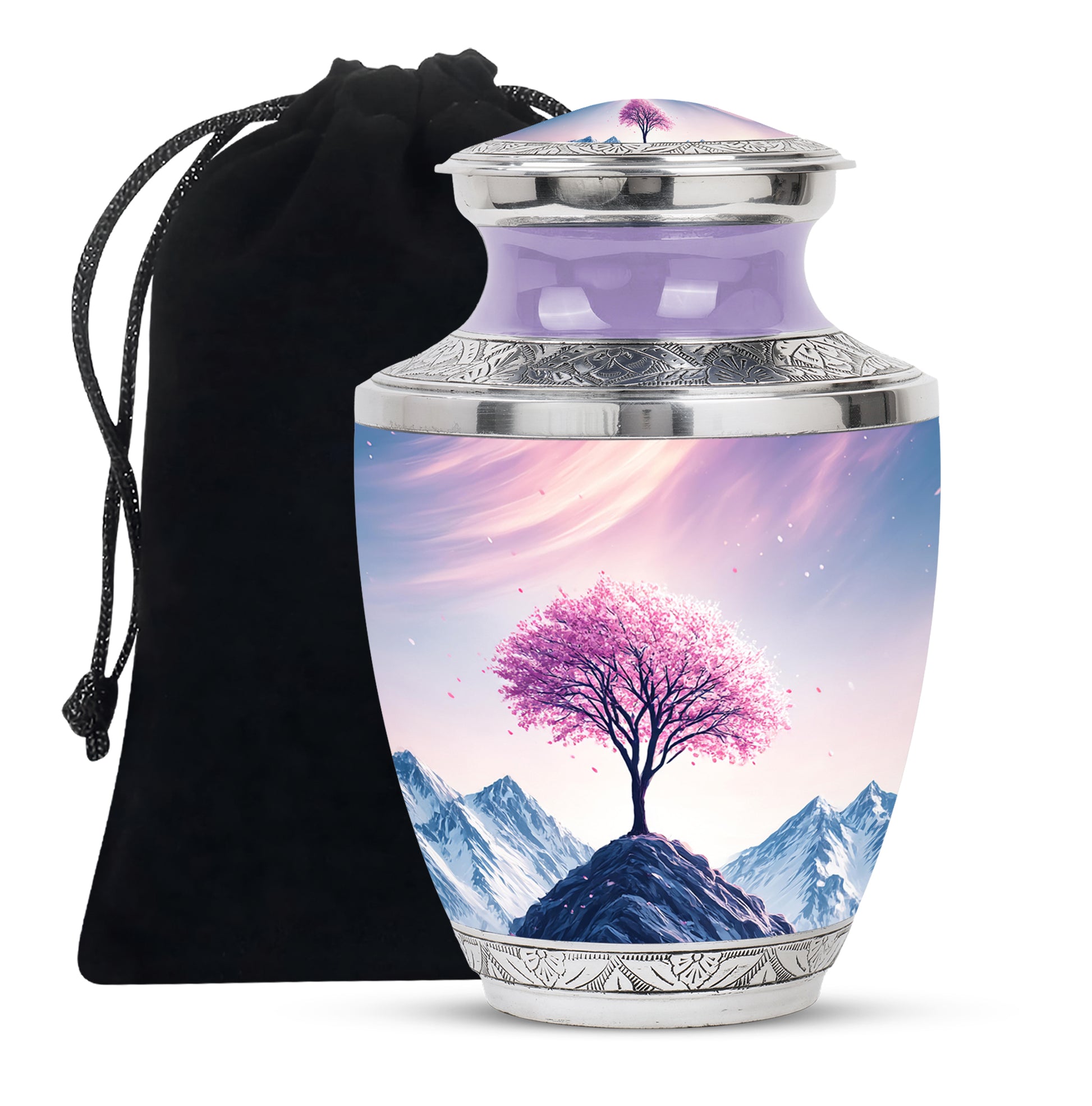 Dusty Pink Cherry Blossom Cremation Urn side profile showing urn shape - stylized abstract cherry blossom pattern with bold lines - full-size 10 inch 200 cubic inch adult cremation urn