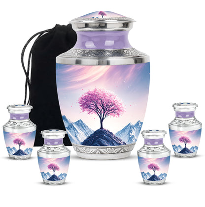 Vintage Pink Cherry Blossom Cremation Urn lifestyle display on memorial shelf - stylized abstract cherry blossom pattern with bold lines - memorial set with one large and four small urns