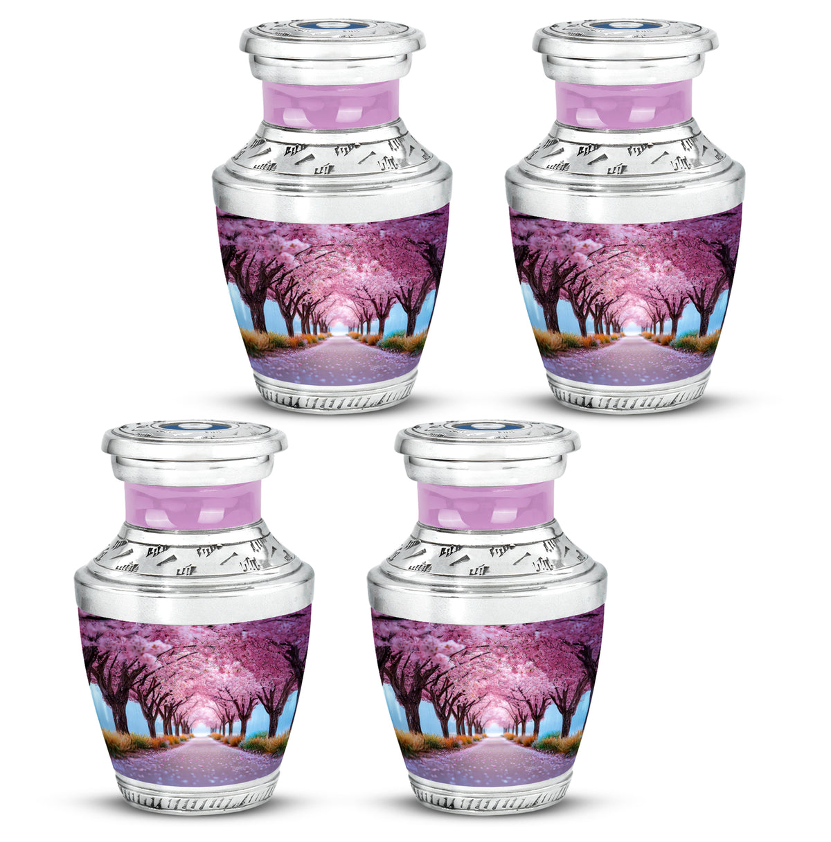Pastel Pink Cherry Blossom Cremation Urn back view with polished surface - contemporary cherry blossom design with modern artistic flair - 10 inch aluminum urn for cremated remains