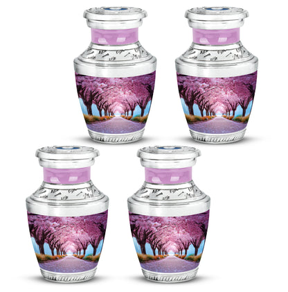 Pastel Pink Cherry Blossom Cremation Urn back view with polished surface - contemporary cherry blossom design with modern artistic flair - 10 inch aluminum urn for cremated remains