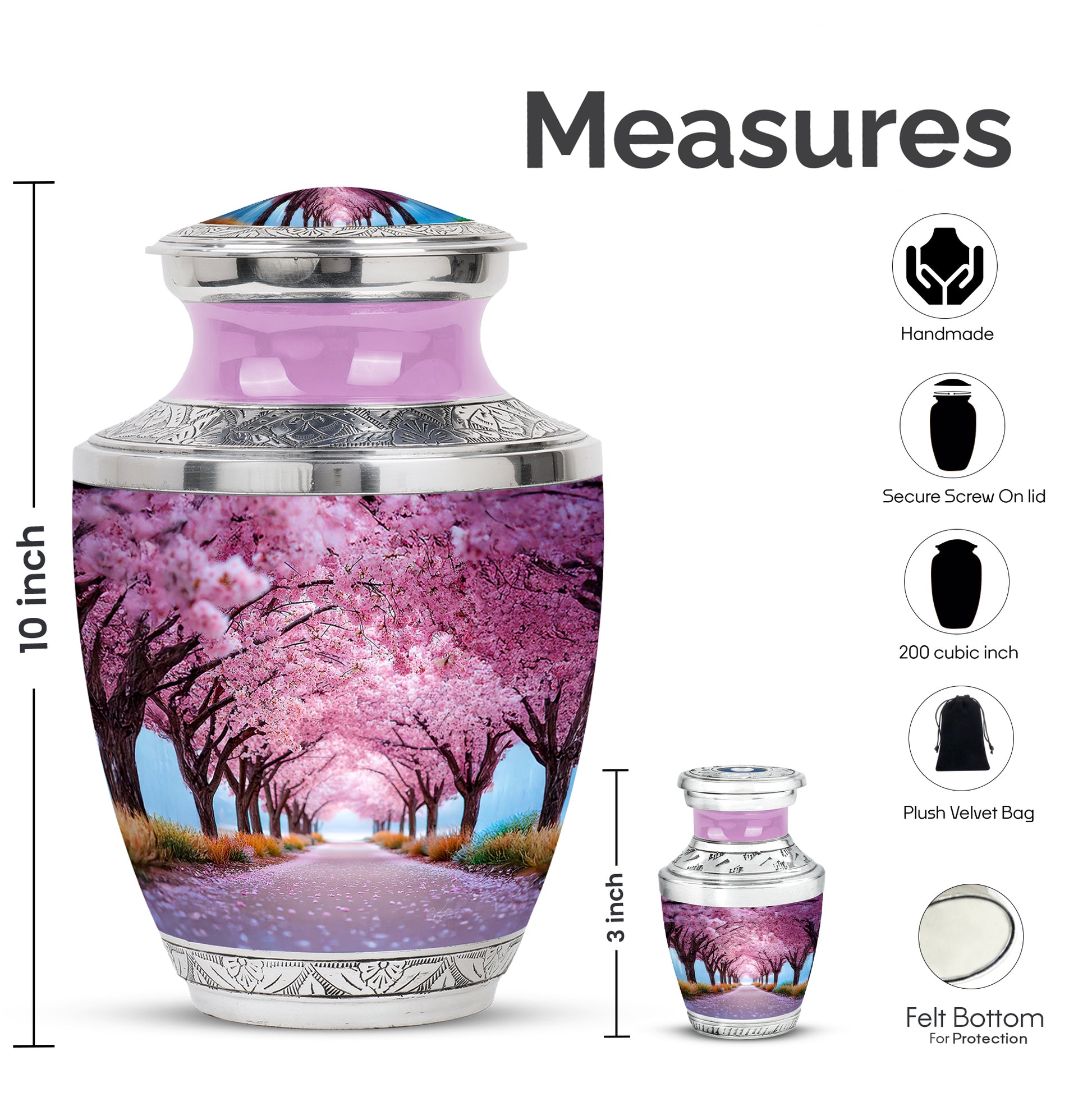 Petal Pink Cherry Blossom Cremation Urn top-down view of secure threaded lid - stylized abstract cherry blossom pattern with bold lines - mini keepsake memorial for portion of cremation ashes