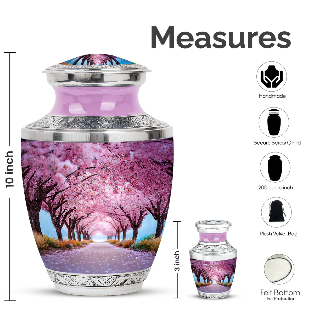 Petal Pink Cherry Blossom Cremation Urn top-down view of secure threaded lid - stylized abstract cherry blossom pattern with bold lines - mini keepsake memorial for portion of cremation ashes