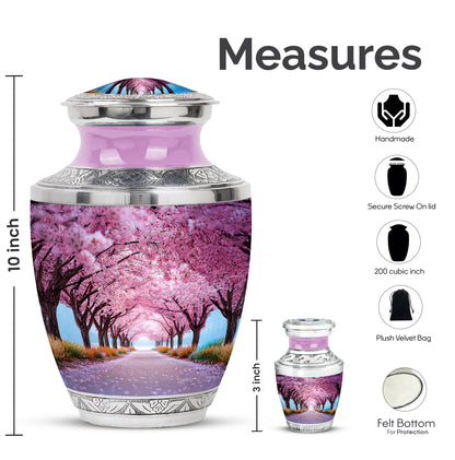 Petal Pink Cherry Blossom Cremation Urn top-down view of secure threaded lid - stylized abstract cherry blossom pattern with bold lines - mini keepsake memorial for portion of cremation ashes