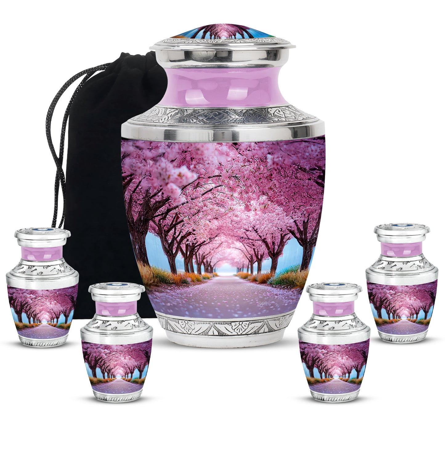 Salmon Pink Cherry Blossom Cremation Urn lifestyle display on memorial shelf - artistic cherry blossom interpretation with creative detail - memorial set with one large and four small urns