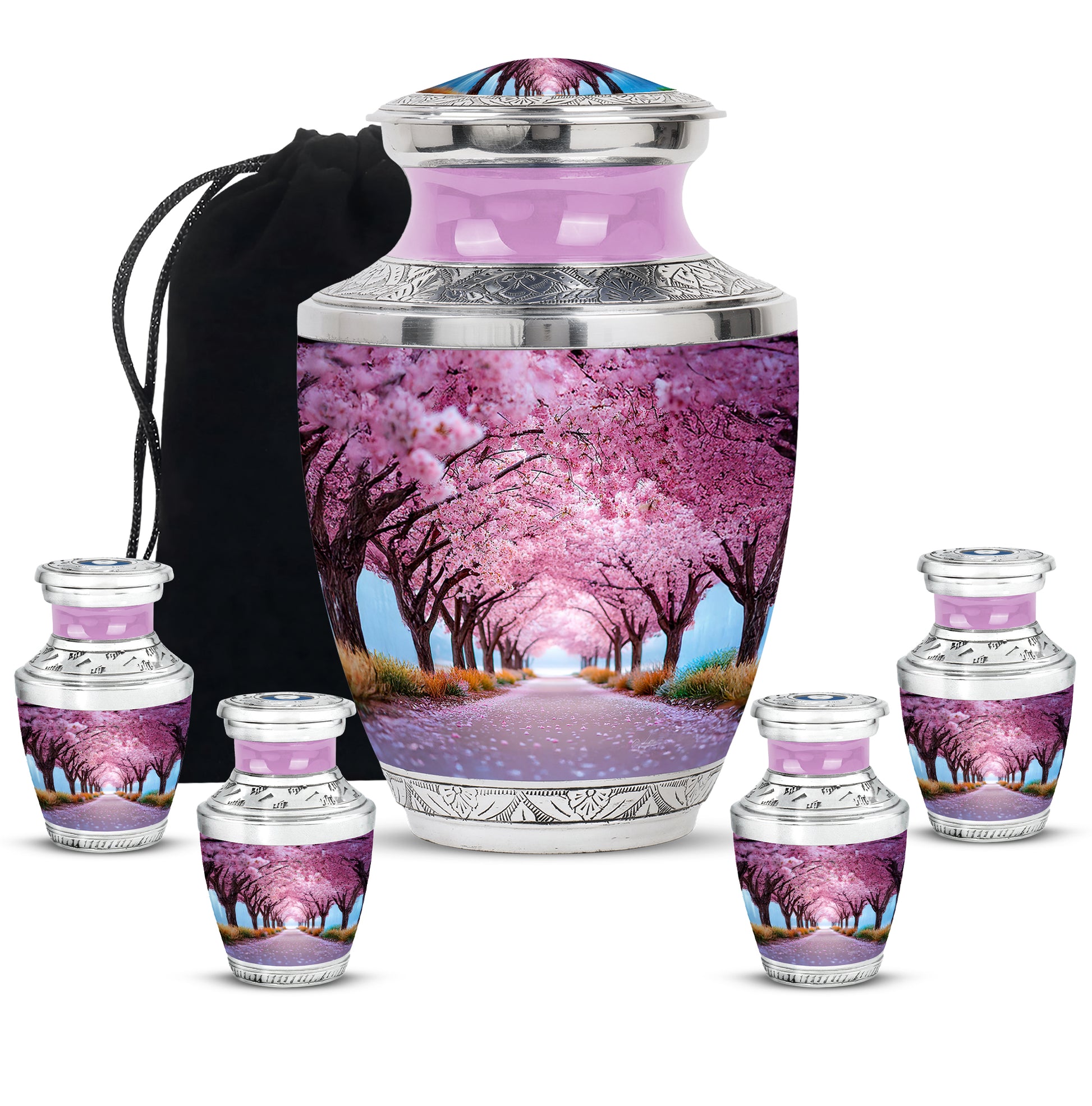 Salmon Pink Cherry Blossom Cremation Urn lifestyle display on memorial shelf - artistic cherry blossom interpretation with creative detail - memorial set with one large and four small urns