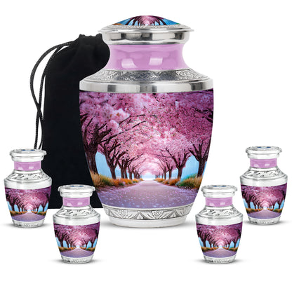 Salmon Pink Cherry Blossom Cremation Urn lifestyle display on memorial shelf - artistic cherry blossom interpretation with creative detail - memorial set with one large and four small urns