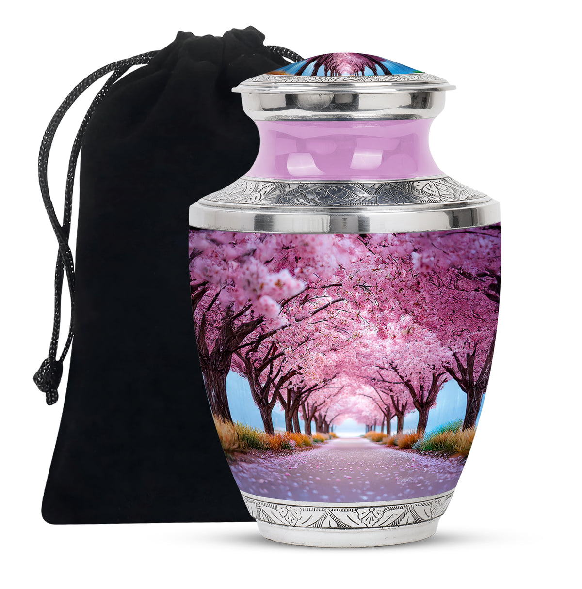 Pastel Pink Cherry Blossom Cremation Urn side profile showing urn shape - contemporary cherry blossom design with modern artistic flair - full-size 10 inch 200 cubic inch adult cremation urn