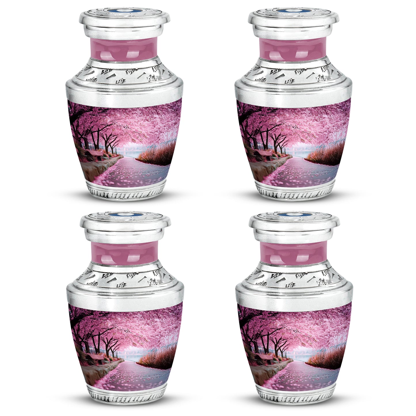Blush Pink Cherry Blossom Cremation Urn back view with polished surface - contemporary cherry blossom design with modern artistic flair - 10 inch aluminum urn for cremated remains