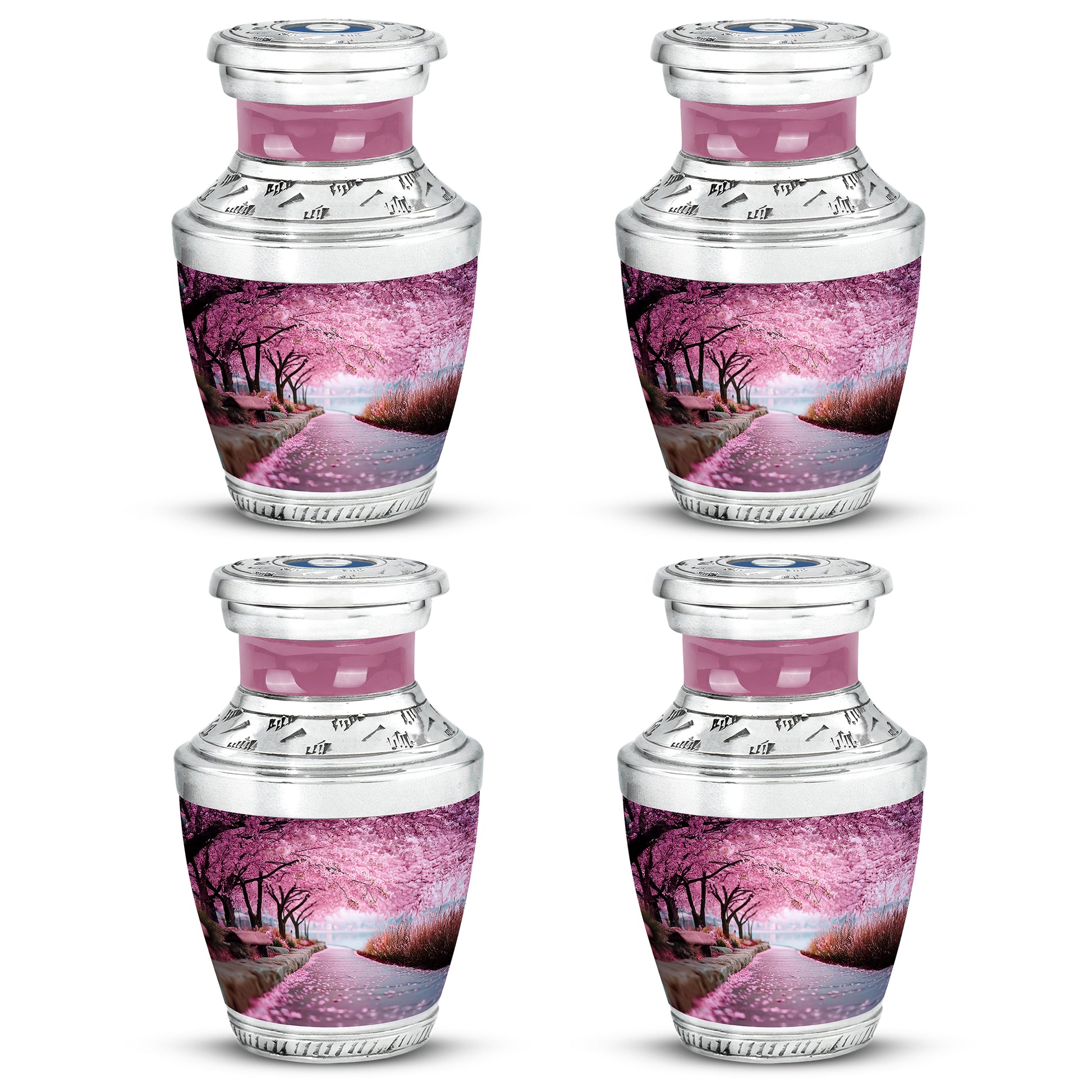 Blush Pink Cherry Blossom Cremation Urn back view with polished surface - contemporary cherry blossom design with modern artistic flair - 10 inch aluminum urn for cremated remains