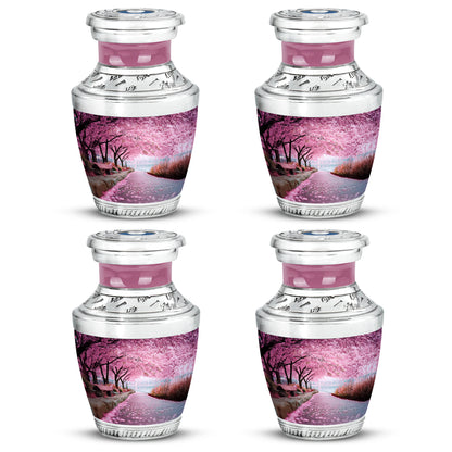 Blush Pink Cherry Blossom Cremation Urn back view with polished surface - contemporary cherry blossom design with modern artistic flair - 10 inch aluminum urn for cremated remains