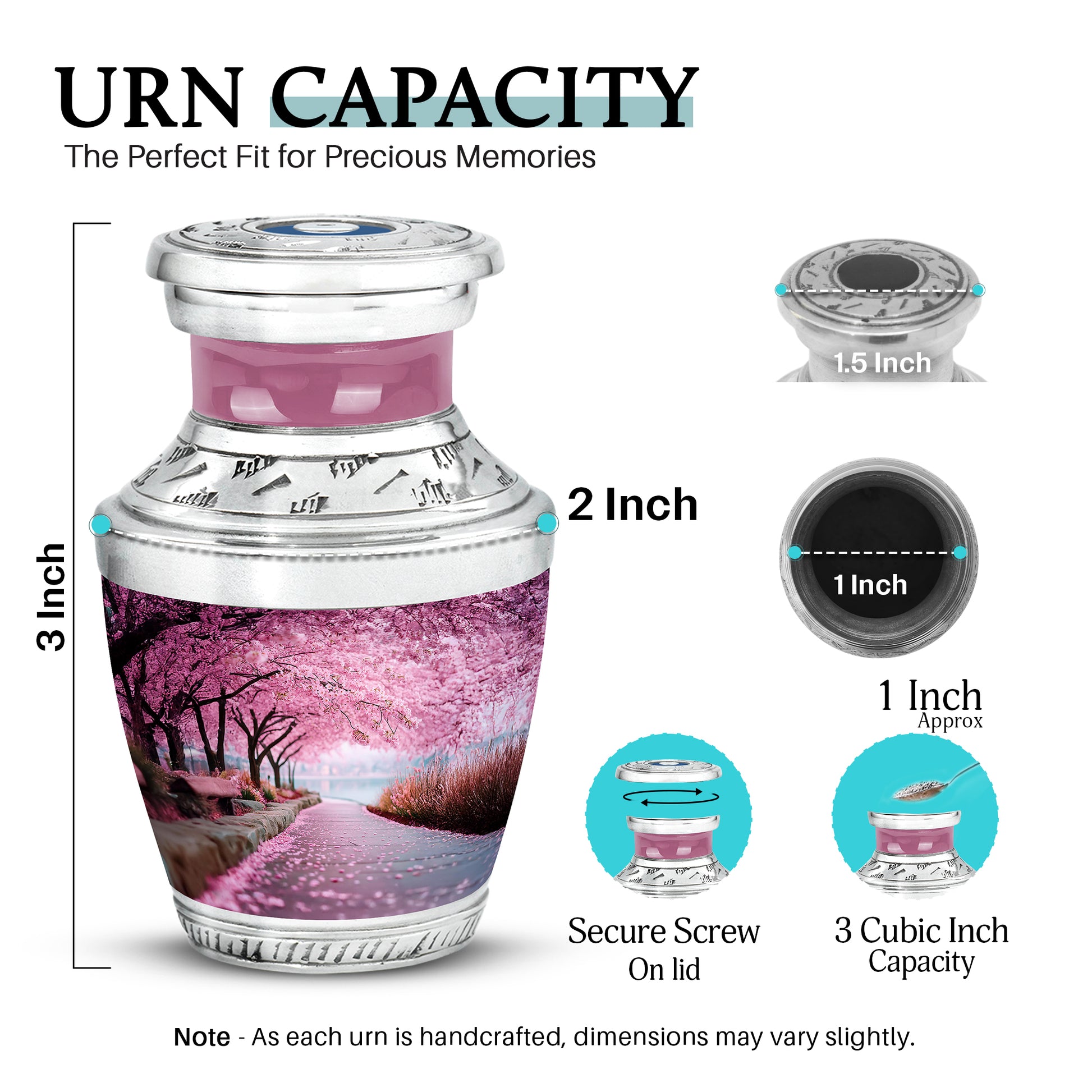 Peony Pink Cherry Blossom Cremation Urn top-down view of secure threaded lid - contemporary cherry blossom design with modern artistic flair - mini keepsake memorial for portion of cremation ashes