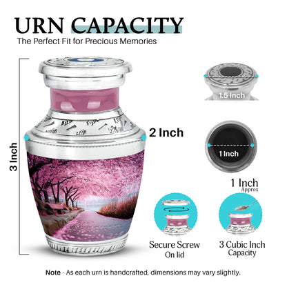 Peony Pink Cherry Blossom Cremation Urn top-down view of secure threaded lid - contemporary cherry blossom design with modern artistic flair - mini keepsake memorial for portion of cremation ashes