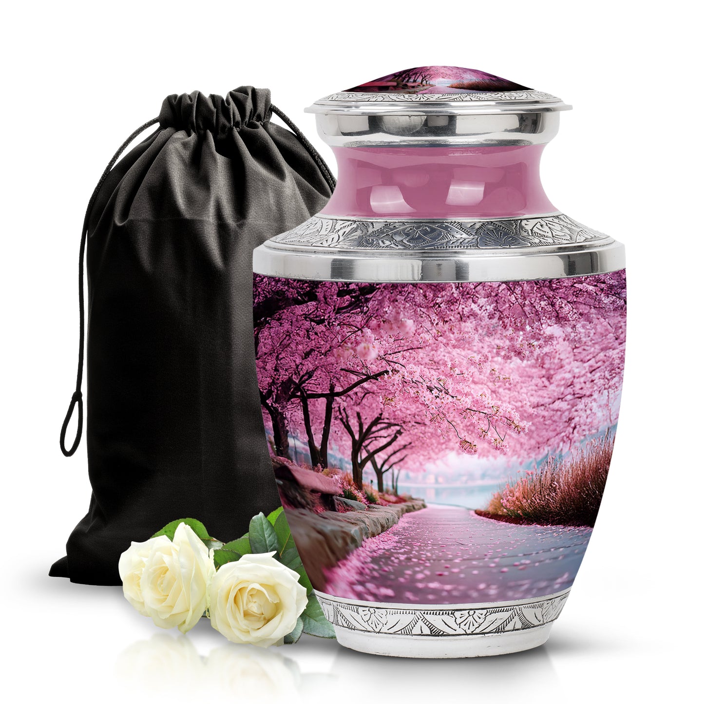 Soft Pink Cherry Blossom Cremation Urn side profile showing urn shape - stylized abstract cherry blossom pattern with bold lines - full-size 10 inch 200 cubic inch adult cremation urn