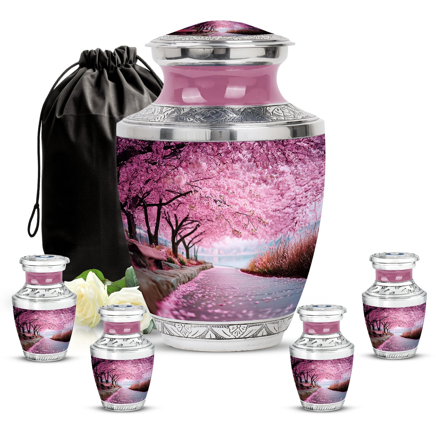 Coral Pink Cherry Blossom Cremation Urn lifestyle display on memorial shelf - modern art-inspired cherry blossom motif on sleek aluminum - memorial set with one large and four small urns