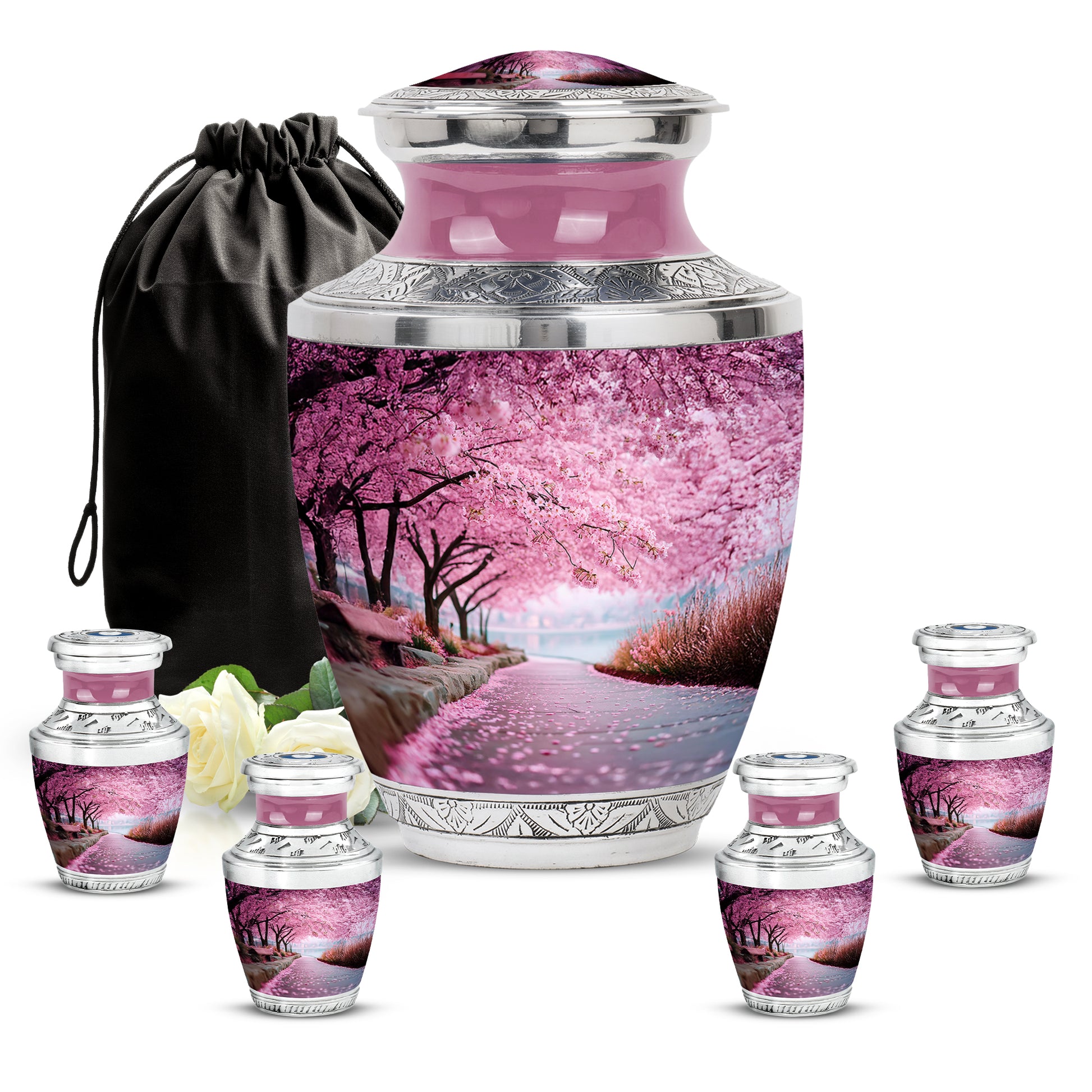 Coral Pink Cherry Blossom Cremation Urn lifestyle display on memorial shelf - modern art-inspired cherry blossom motif on sleek aluminum - memorial set with one large and four small urns