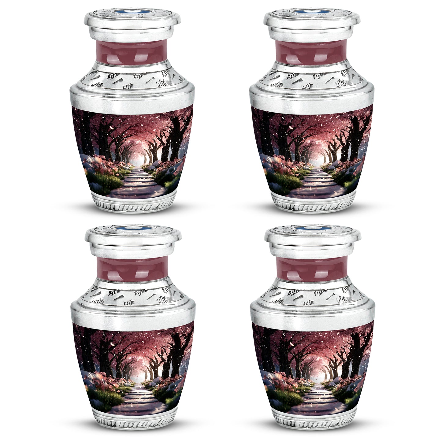 Cherry Red Cherry Blossom Cremation Urn back view with polished surface - artistic cherry blossom interpretation with creative detail - 10 inch aluminum urn for cremated remains