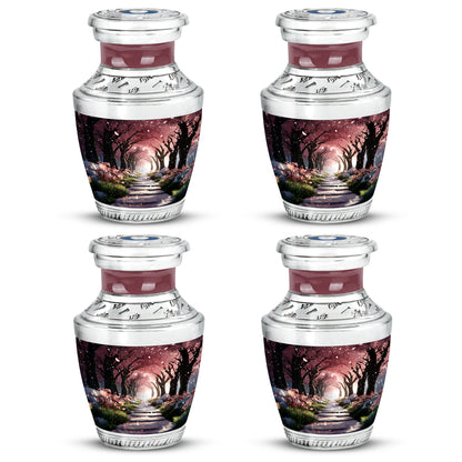 Cherry Red Cherry Blossom Cremation Urn back view with polished surface - artistic cherry blossom interpretation with creative detail - 10 inch aluminum urn for cremated remains