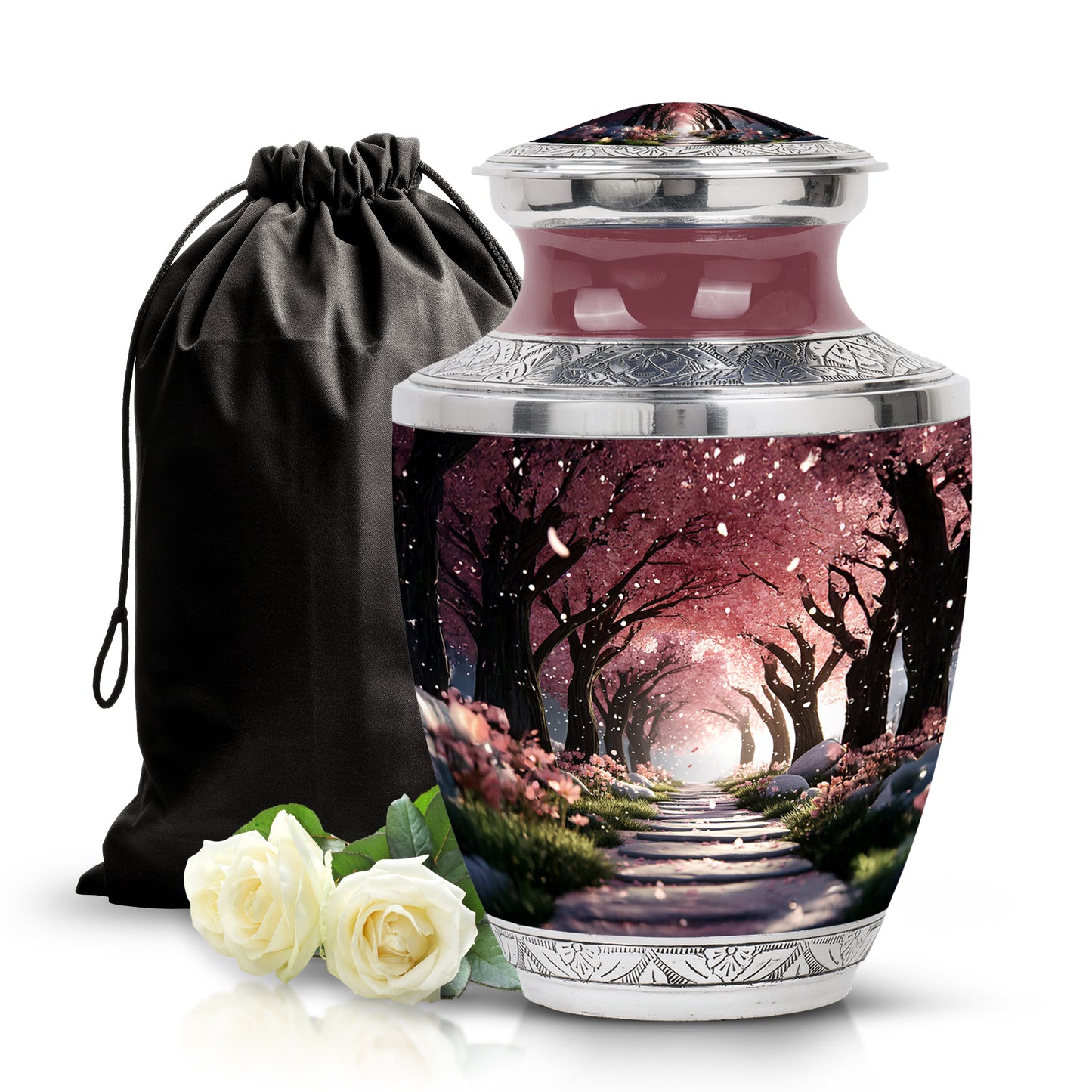 Cherry Red Cherry Blossom Cremation Urn side profile showing urn shape - artistic cherry blossom interpretation with creative detail - full-size 10 inch 200 cubic inch adult cremation urn