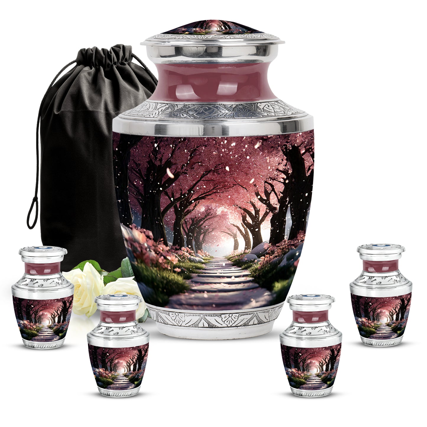 Wine Red Cherry Blossom Cremation Urn lifestyle display on memorial shelf - modern art-inspired cherry blossom motif on sleek aluminum - memorial set with one large and four small urns